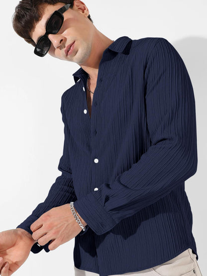 Finivo Fashion MenS Cotton Casual Striped Button Down Shirts Long Sleeve Textured Summer Beach Shirt For Men Navy