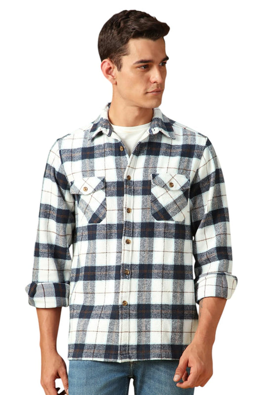 Dennis Lingo Men Flannel Check Pure Cotton Relaxed Fit Full Sleeves Shirts White