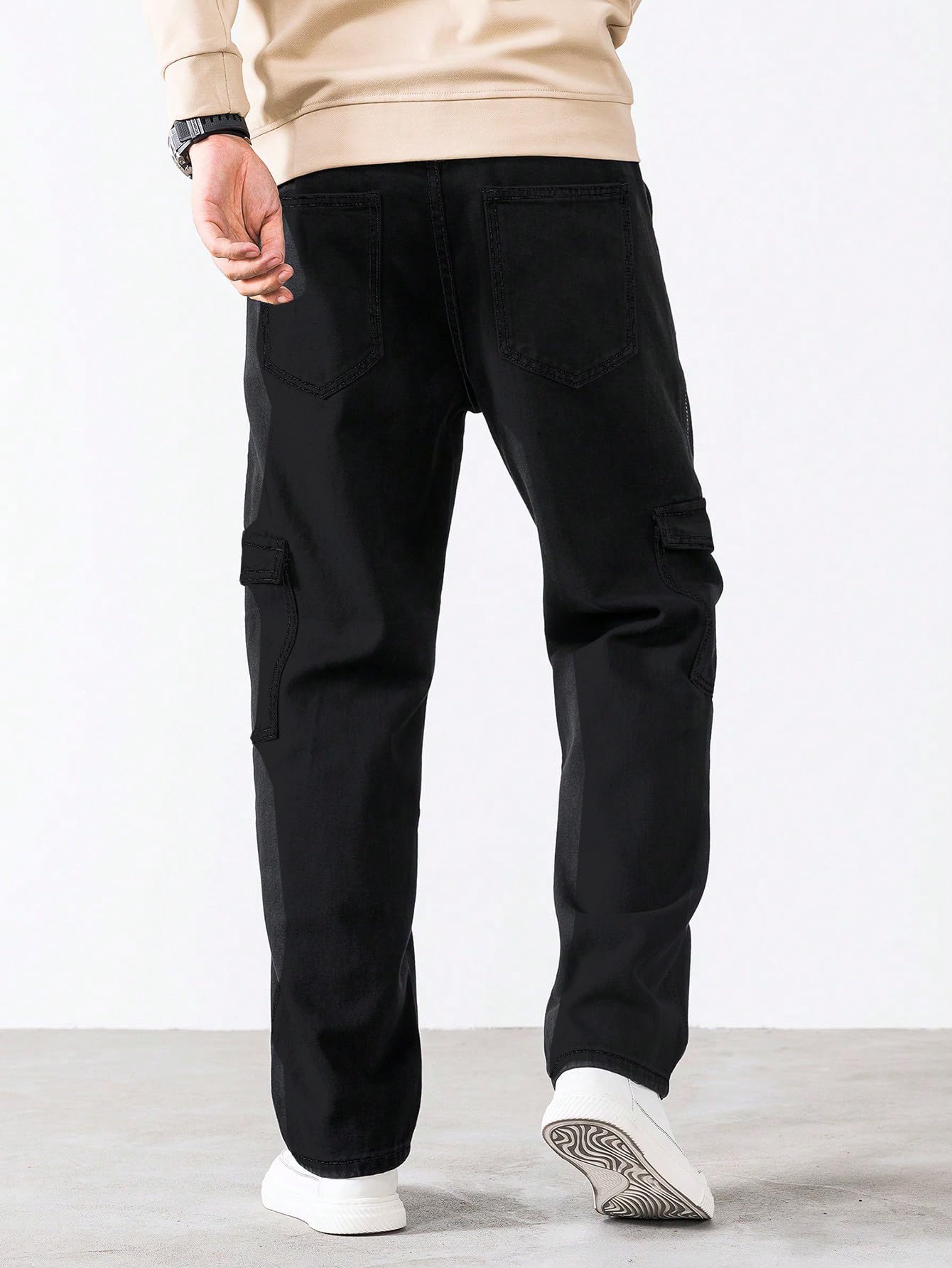 AVANOVA Black Bell-Bottom Men Cargo Jeans II Men Cargo Pants II Denim Cargo for Men II Cotton Pant II Wide Legs II Flap Pockets