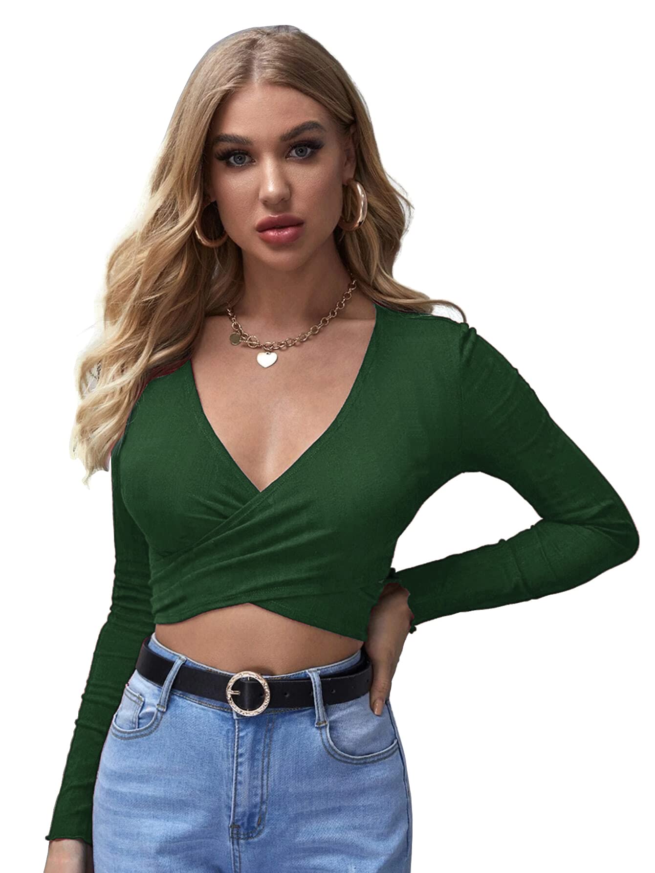 Shasmi Womens & Girls Bottle Green Full Sleeve, V-Neck, Ruched Bust Solid Tops for Women/Tops, T-Shirts for Girls (TOP 64 Bott