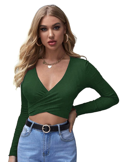 Shasmi Womens & Girls Bottle Green Full Sleeve, V-Neck, Ruched Bust Solid Tops for Women/Tops, T-Shirts for Girls (TOP 64 Bott