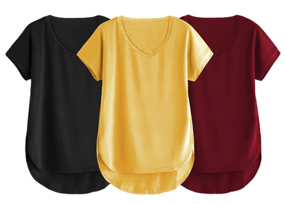 Fabricorn Combo Of Three Plain Maroon, Black And Mustard Yellow V-Neck Up And Down Cotton Tshirt For Women (Maroon, Black, Musta