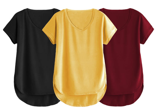Fabricorn Combo Of Three Plain Maroon, Black And Mustard Yellow V-Neck Up And Down Cotton Tshirt For Women (Maroon, Black, Musta