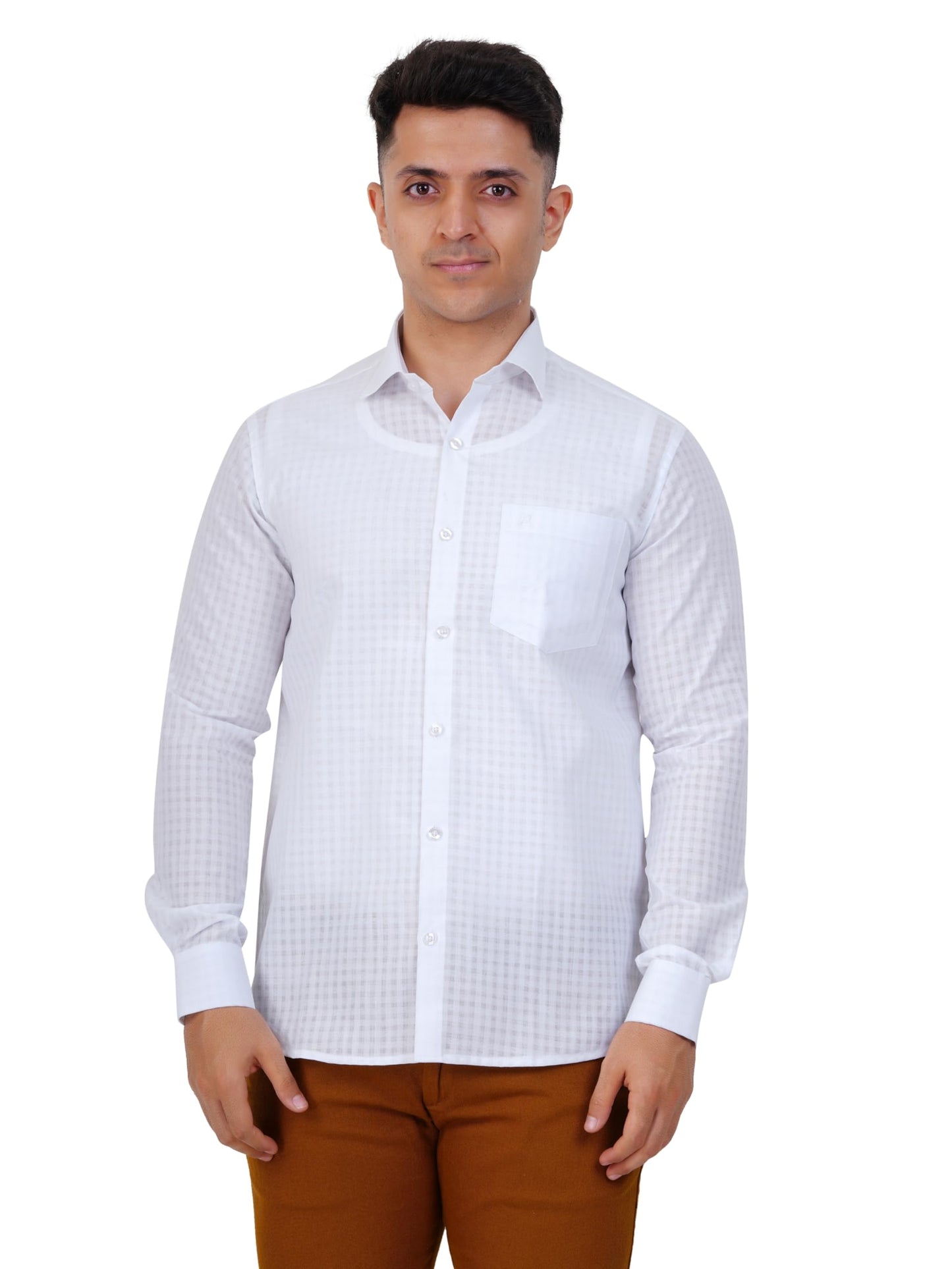 PRAKASAM COTTON Minister Cotton White Full Sleeve Shirt for Mens/White Regular Fit Full Sleeve Transparent with Self Design Shi