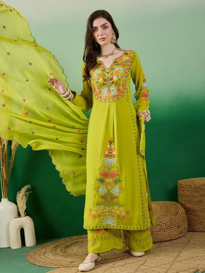 Fashion Basket Georgette Straight Floral Plazzo Kurta Set Green