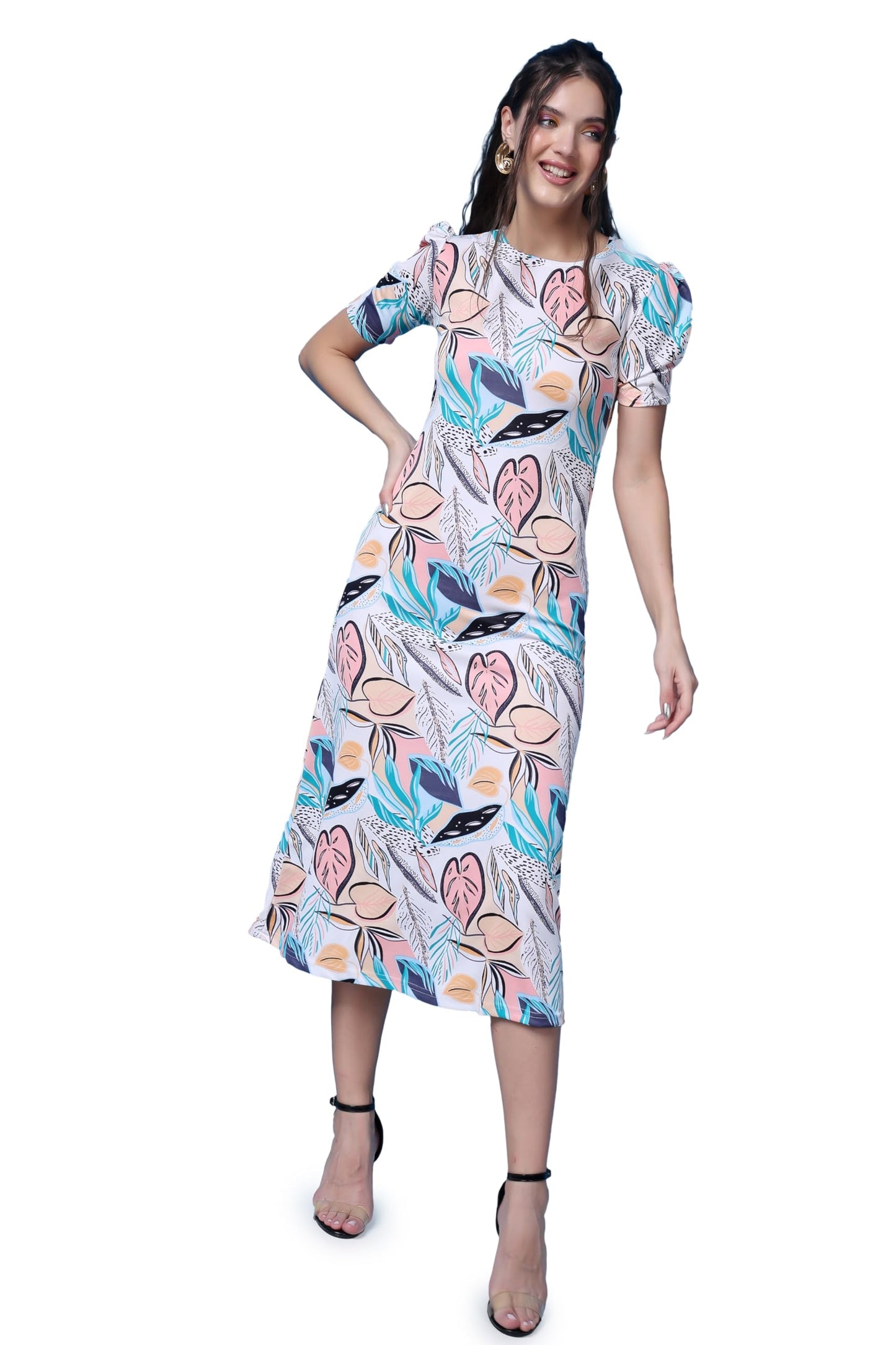 Popwings Casual Abstract Printed Midi Dress For Women | Half-Sleeves Long Dress For Women | Round-Neck Women Stylish Dress Off W