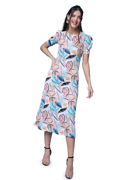 Popwings Casual Abstract Printed Midi Dress For Women | Half-Sleeves Long Dress For Women | Round-Neck Women Stylish Dress Off W
