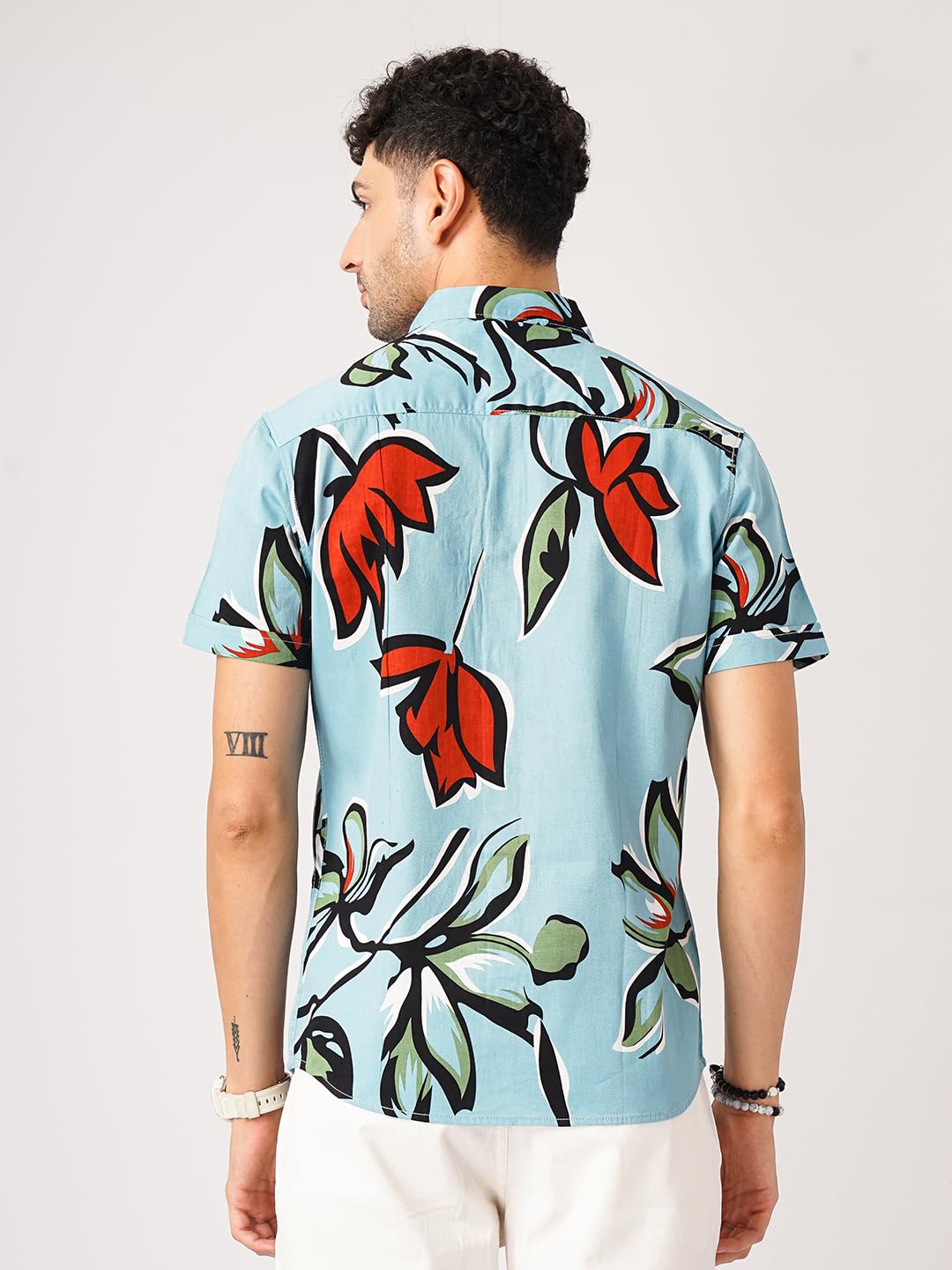 The Indian Garage Co Blue Regular Fit Spread Collar Floral Print Short Sleeves Shirt
