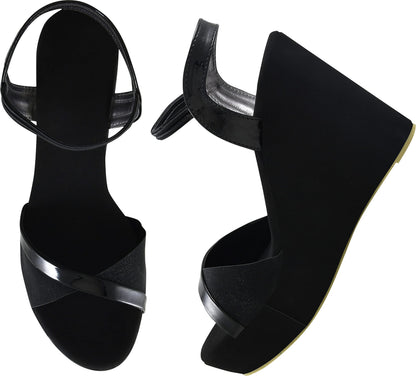 Shoetopia WomenS & GirlS Black Solid Slingback Wedges
