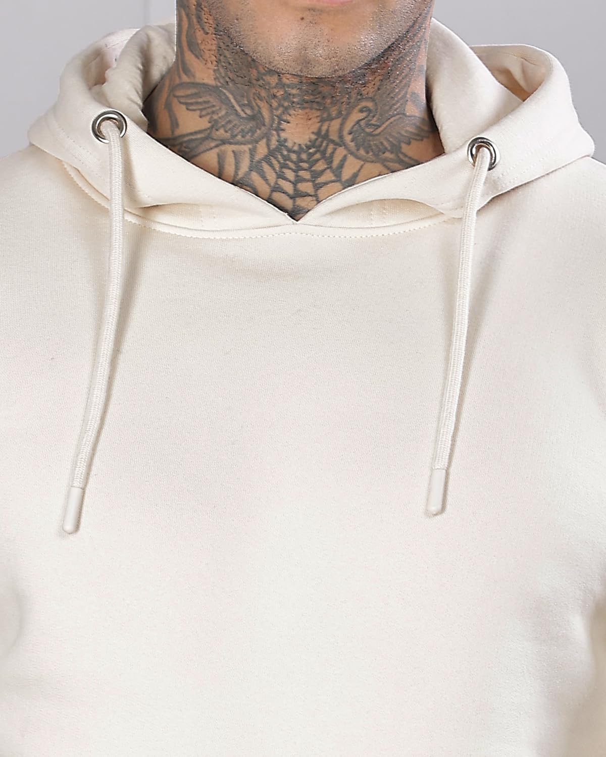 ADRO Men's Cotton Neck Hooded Sweatshirt (H24-M-PLN-WS_White Sand