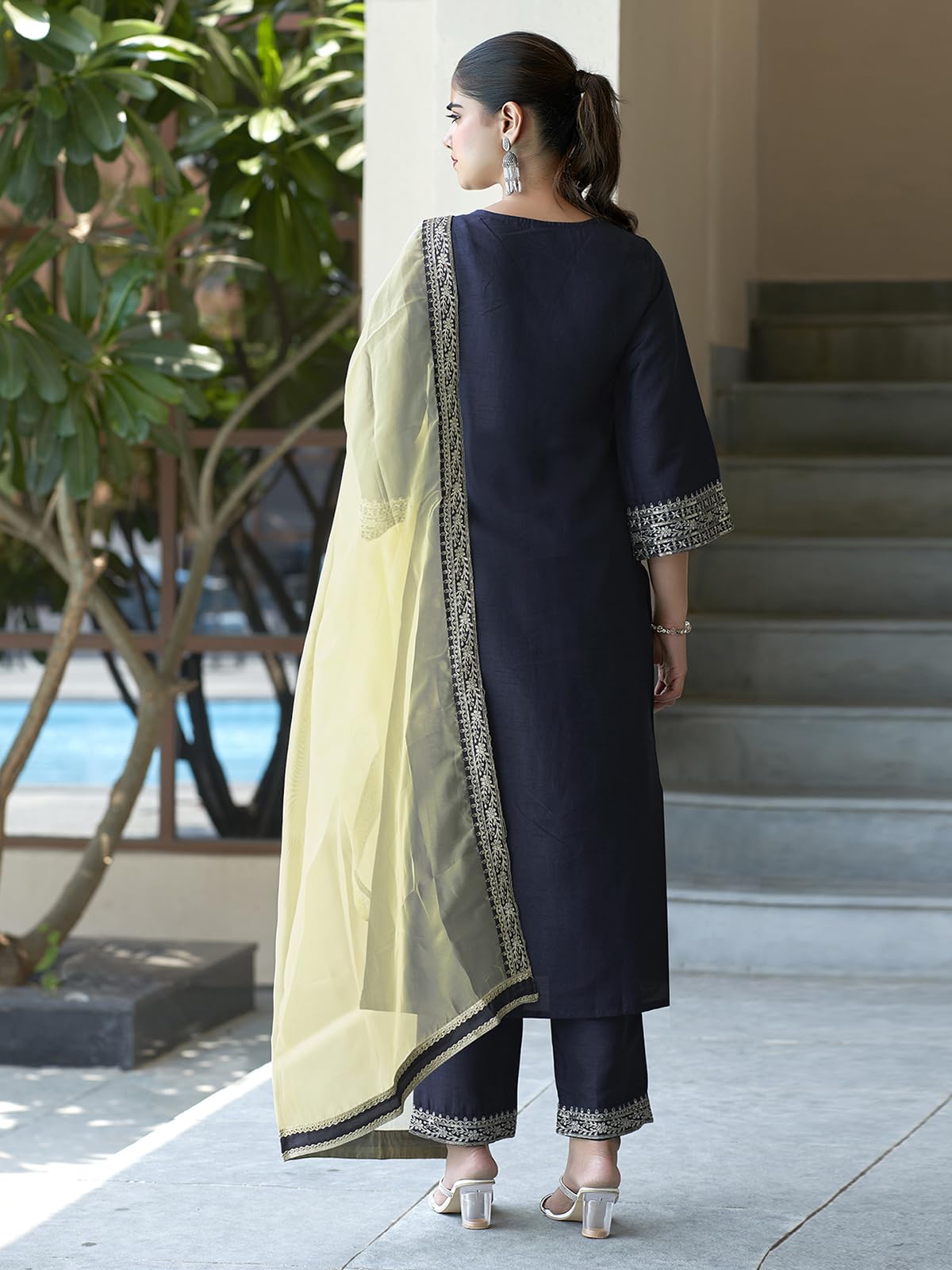 Sanisa Womens Silk Sequence Embroidery Work Straight Kurta with Pant and Dupatta | Ethnic Set | Suit Set | Kurta Set(104KBD1137