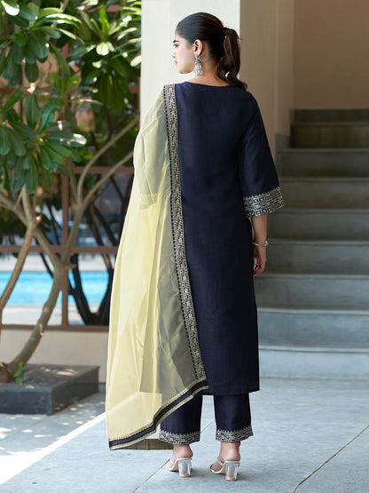 Sanisa Womens Silk Sequence Embroidery Work Straight Kurta with Pant and Dupatta | Ethnic Set | Suit Set | Kurta Set(104KBD1137