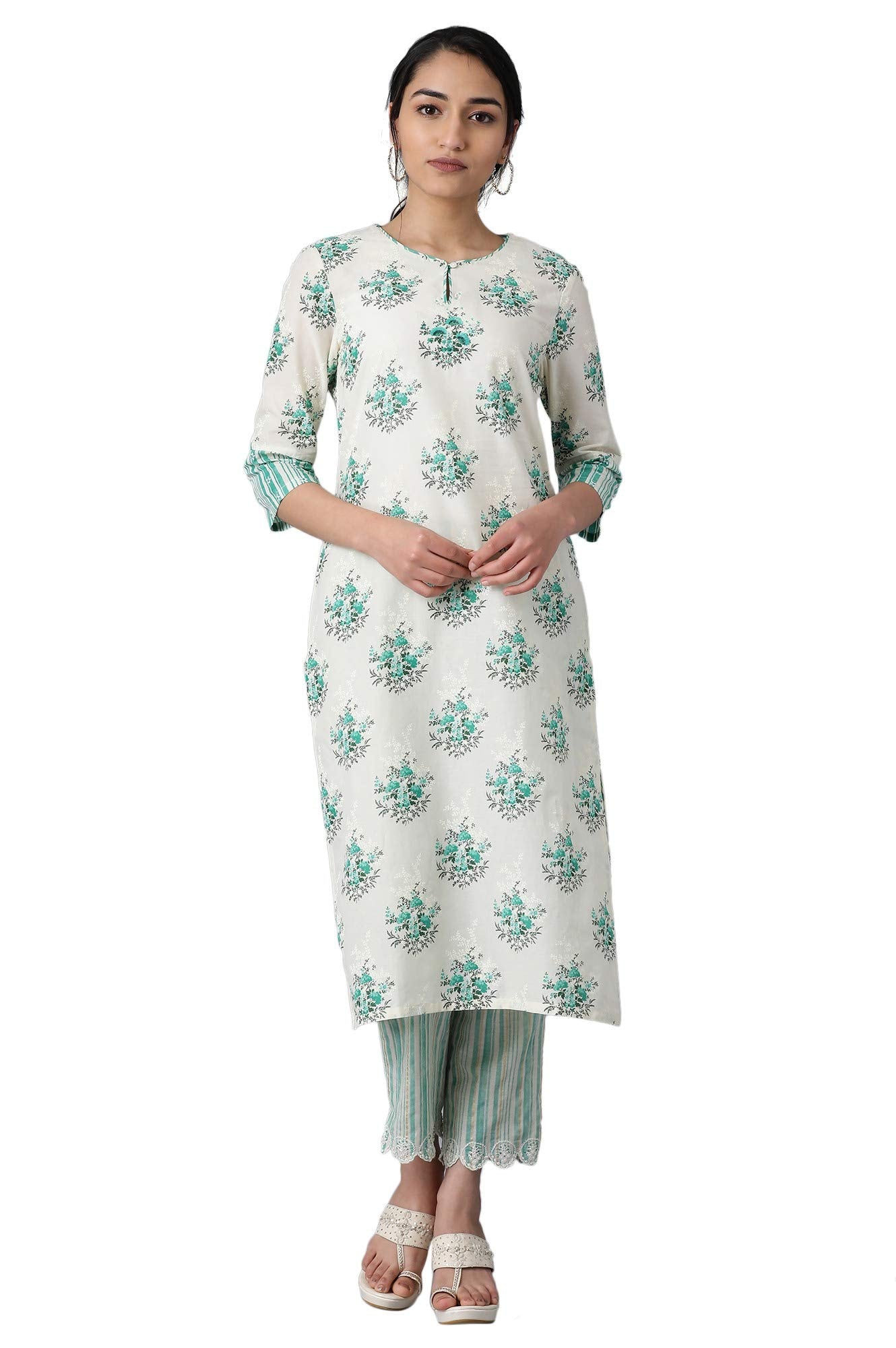 W Green Cotton Floral Printed Regular Kurta For Women