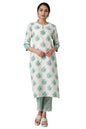 W Green Cotton Floral Printed Regular Kurta For Women