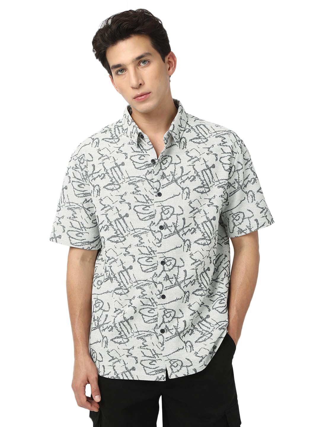 Bewakoof Mens All Over Printed Oversized Fit Half Sleeve Resort Collar Jacquard Shirt_677339_White_S