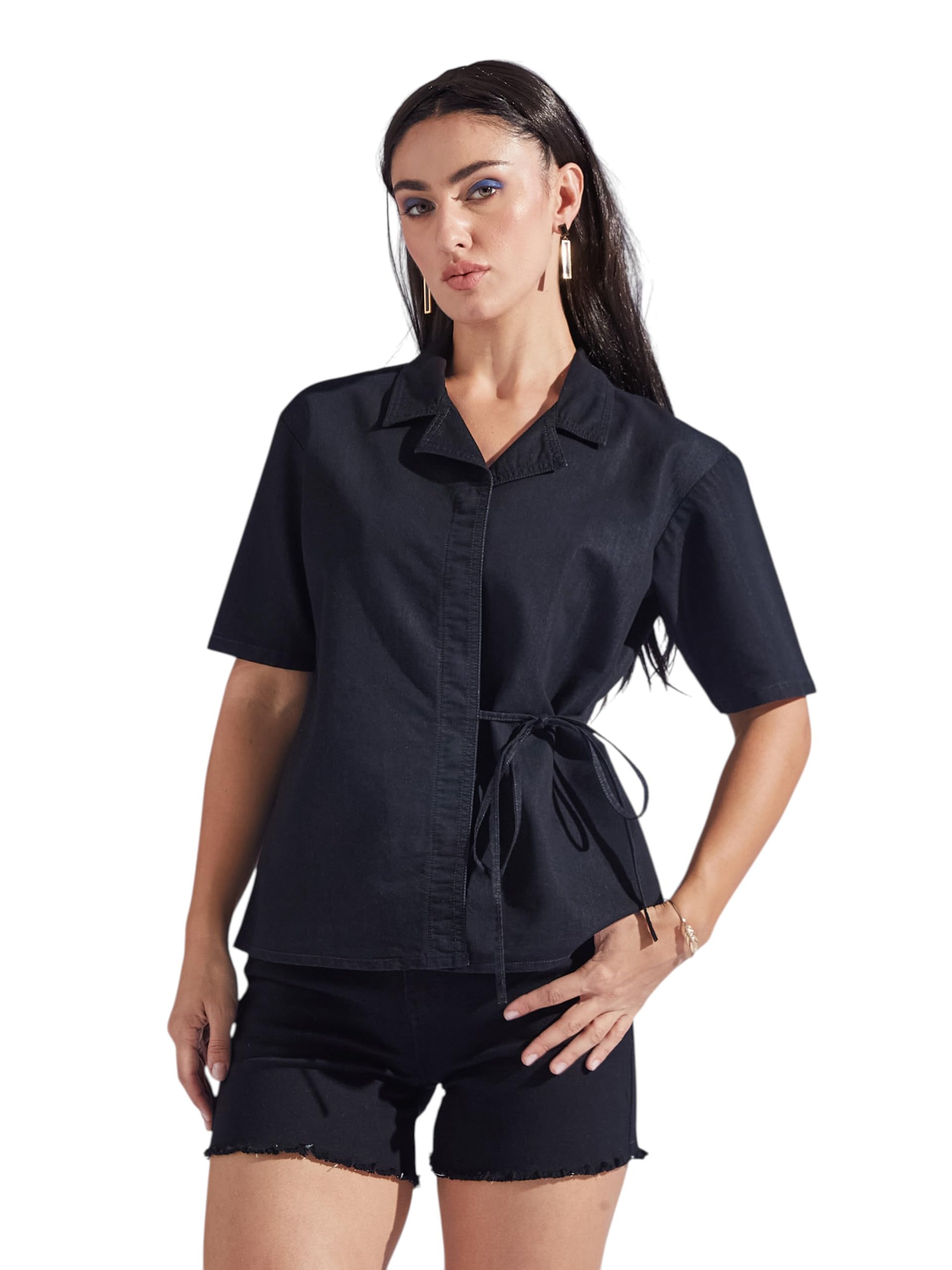 Miss Chase Womens Shirt Collar Short Sleeve Tie Up Regular-Length Denim Shirt (MCSS25DEN03-43-62-06, Black, XL)