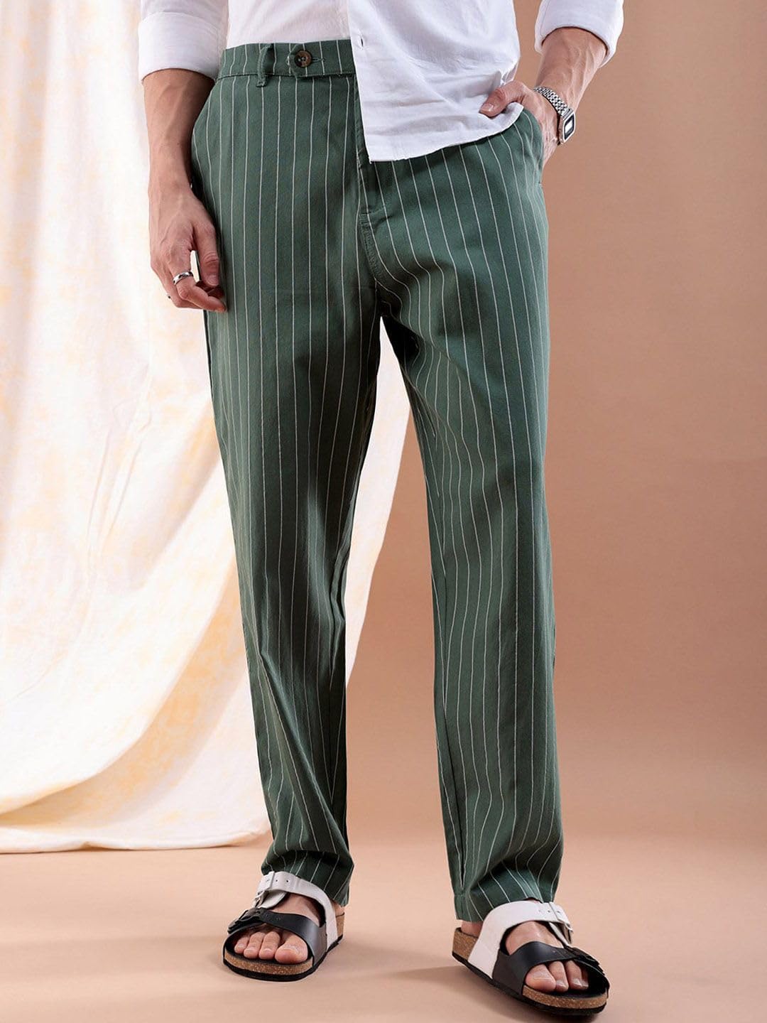 The Indian Garage Co Men Relaxed Cropped Vertical Striped Mid-Rise Trousers