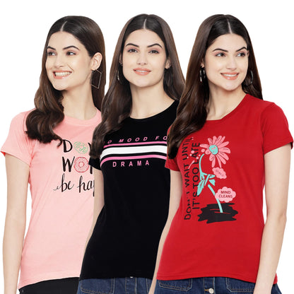 Preneum Womens Cotton Regular Fit Latest Graphic Stylish Printed Short Sleeves Casual T-Shirt || Trendy & Styles (Pack 3), Pink