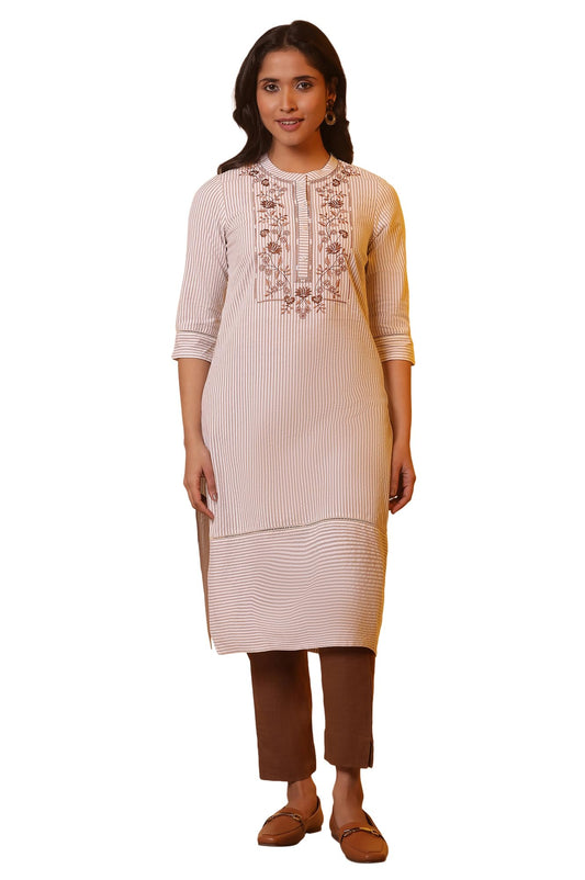 Aurelia Women Off White Striped Cotton Straight Kurta