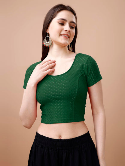 Pujia Mills Womens Readymade Dobby Cotton Lycra Stretchable Round Neck Short Sleeve Blouse Fancy Green Color Lycra Stretchable