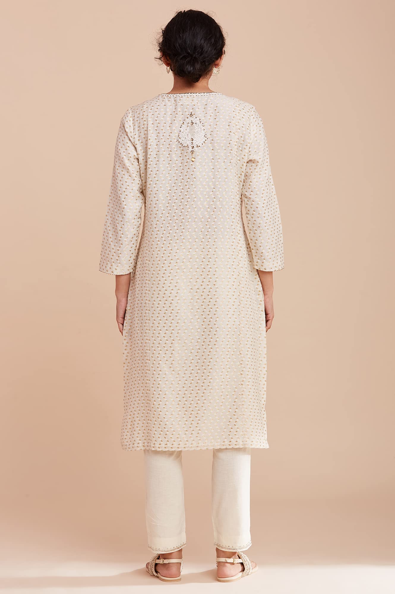 W for Woman Ecru and Gold Jacquard Kurta