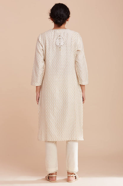 W for Woman Ecru and Gold Jacquard Kurta