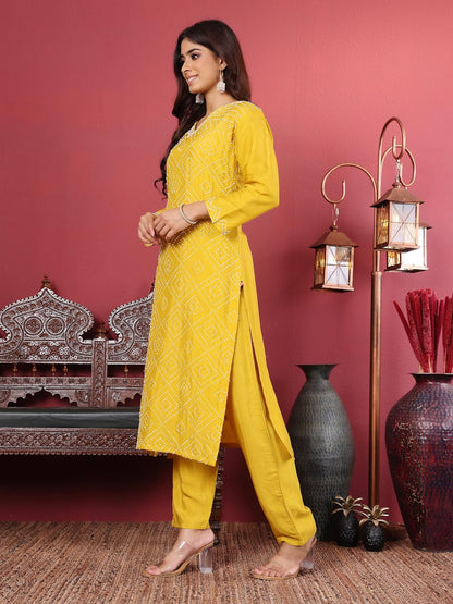 Varanga Women Hand Embroidered French Knot Kurta With Tonal Bottom And Embroidered Dupatta.