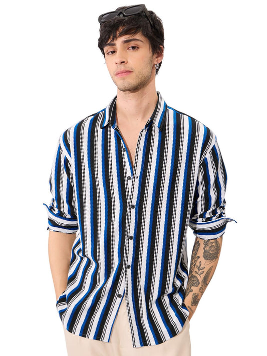 The Souled Store Stripes: Blue, White Men and Boys Long Sleeve Collared Neck Button Down Cotton Textured Shirts for Men