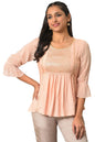Aurelia Women's Rayon Solid Regular Peach A-Line Sequined Kurti (23FEA30340-605308