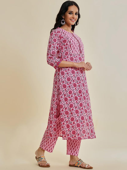 Varanga Women Fuchsia Floral Printed V-Neck Full Sleeves Anarkali Kurta With Tonal Bottom And Dupatta  Elegant Ethnic Set