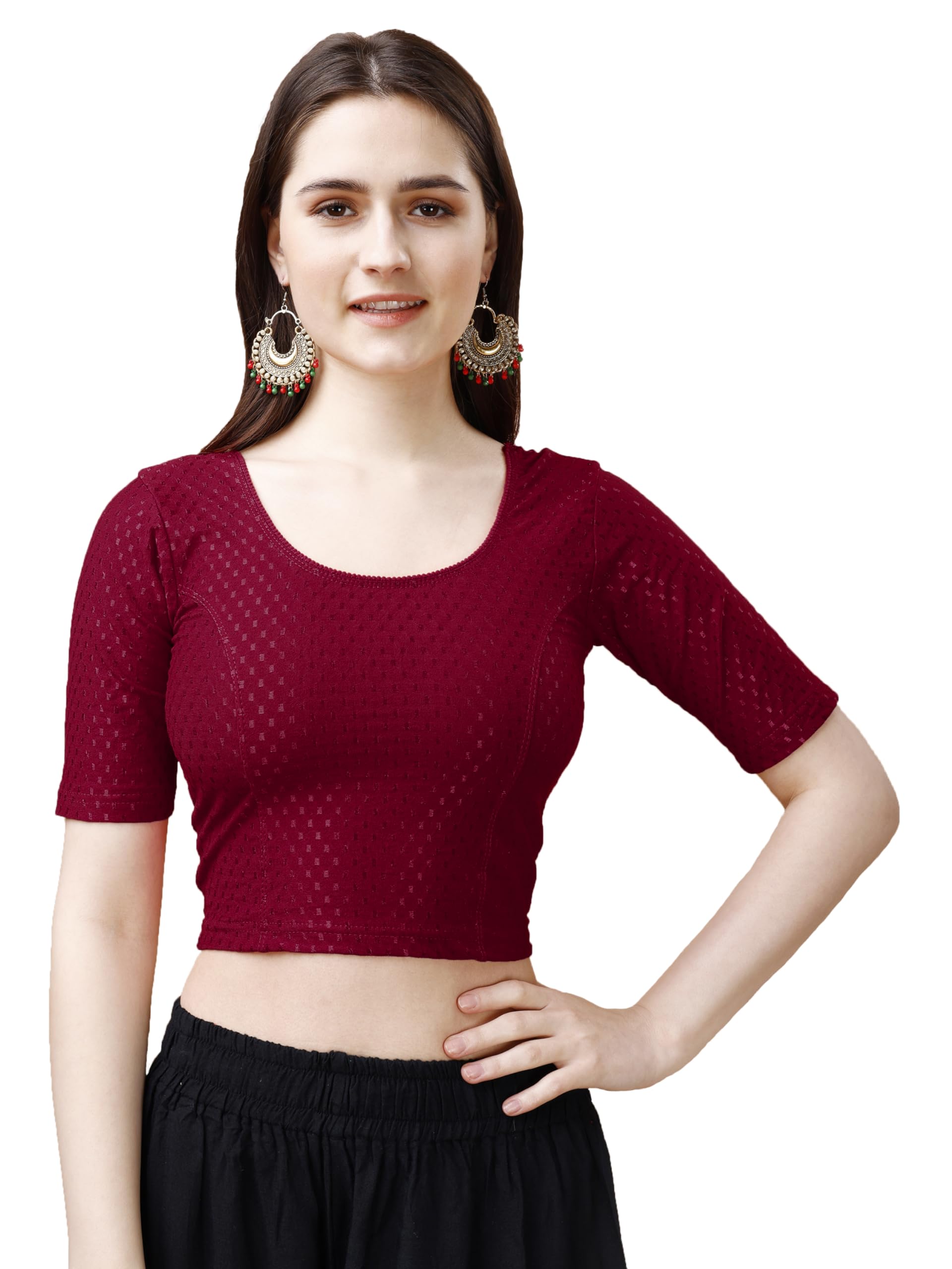 Pujia Mills WomenS Readymade Dobby Cotton Lycra Stretchable Round Neck Half Sleeve Blouse Fancy Maroon Color Lycra Stretchable