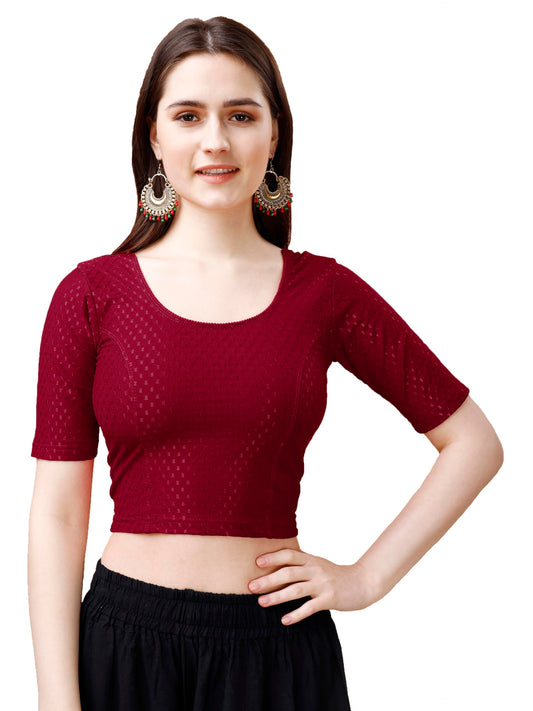 Pujia Mills WomenS Readymade Dobby Cotton Lycra Stretchable Round Neck Half Sleeve Blouse Fancy Maroon Color Lycra Stretchable