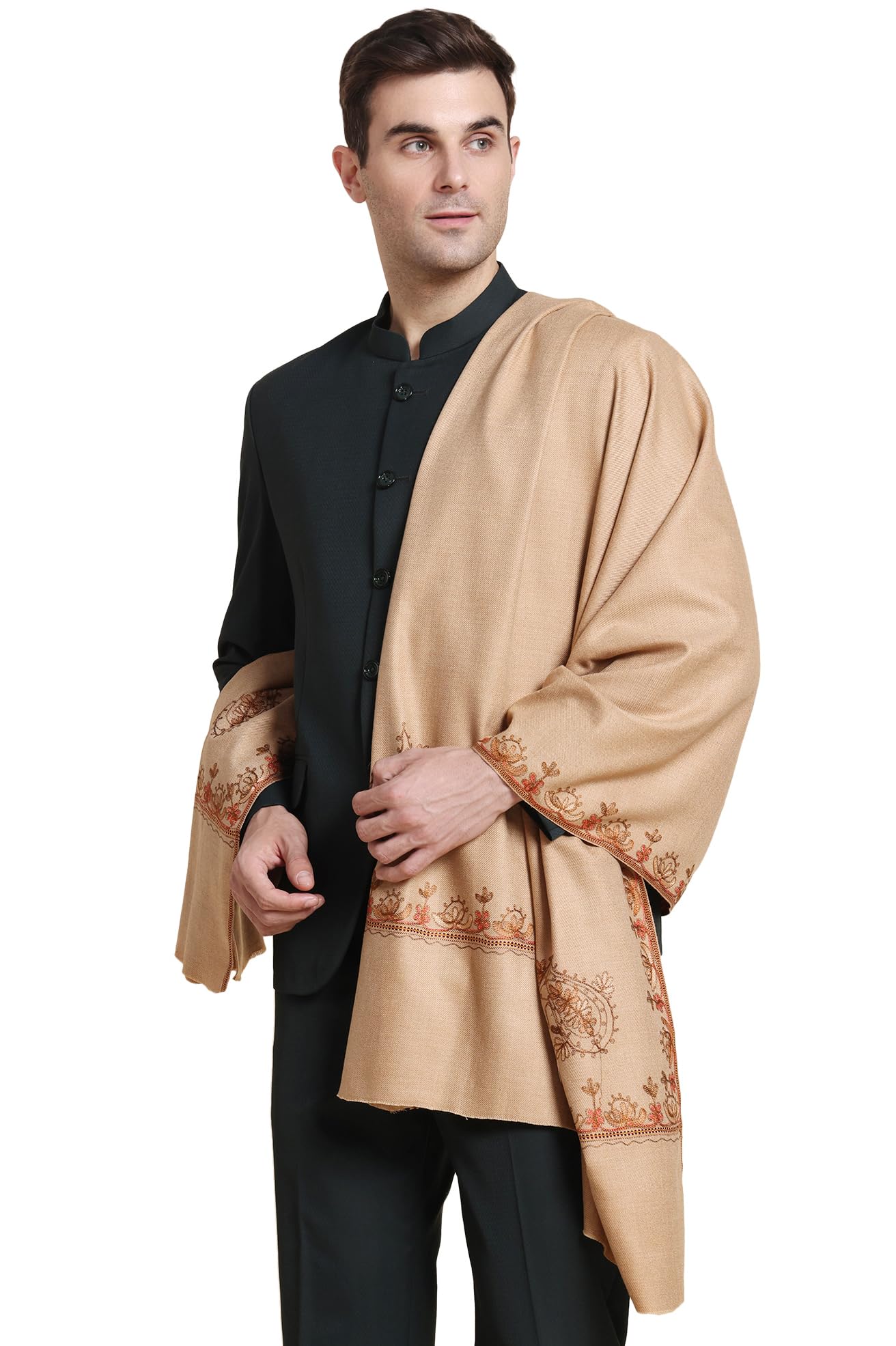 Weavers Villa Mens Acro Wool Blend Hand Embroidery Threadwork Shawl - Handloom Paisley - Stoles for Men - Gents Shawls - Soft &