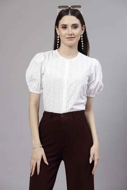 Style Quotient Women White Smart Round Neck Button Down Top