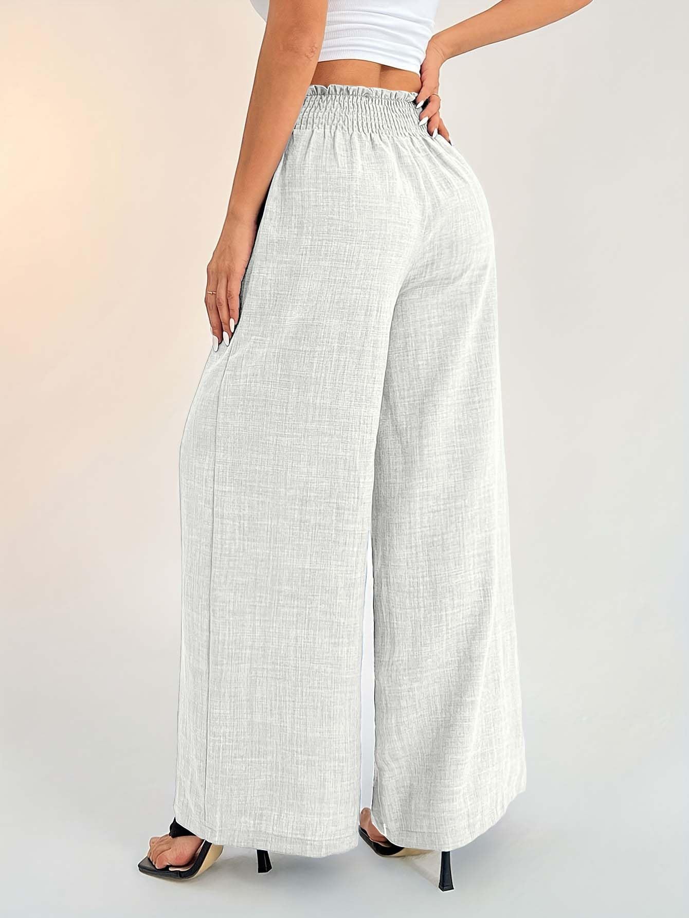 Sugathari Womens Off-White Casual Wide Leg Pants  High Waist Elastic Waistband Loose Fit Long Trousers | Lightweight Straight L