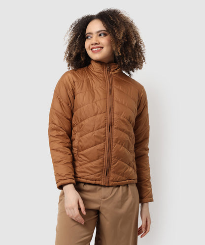 Campus Sutra Womens Brown Puffer Regular Fit Bomber Jacket For Winter Wear | Standing Collar | Full Sleeve | Zipper | Casual Ja