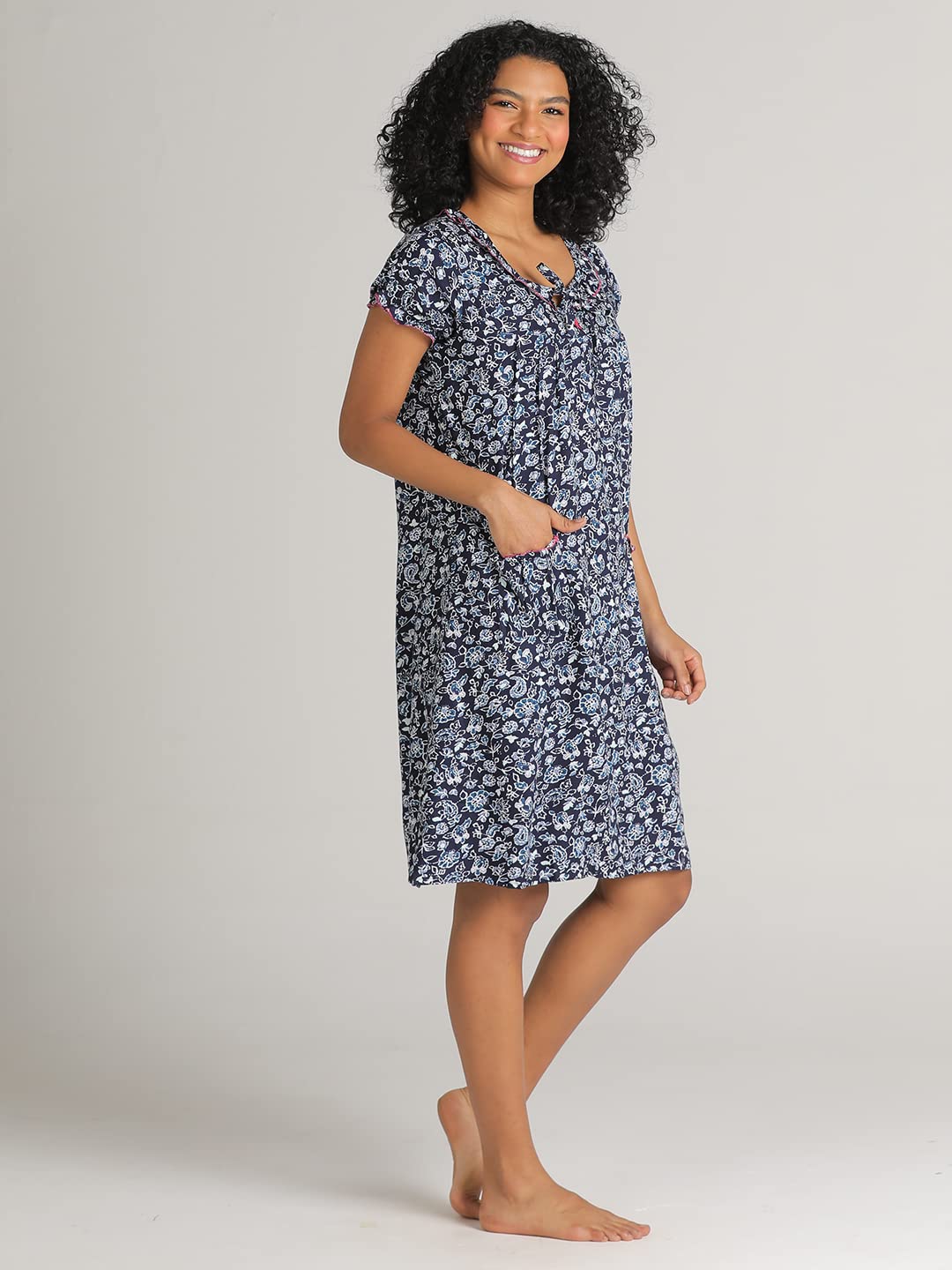 Evolove WomenS Viscose Liva Knee Length Short Night Gown Nighty Dress With Pocket, Super Soft Comfortable (Navy Blue, Sngry3025