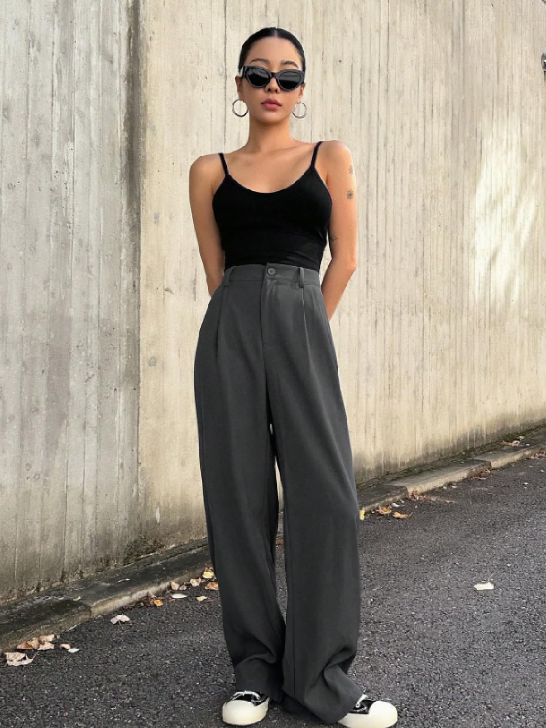 OOMPH! Womens High-Waisted Pant | Wide Leg Trousers | Korean Style Stretchable Trouser Cloud Grey