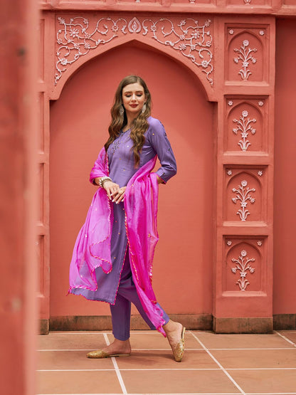 ANNI DESIGNER Women's Cotton Blend Mirror Work Straight Kurta with Pant & Dupatta