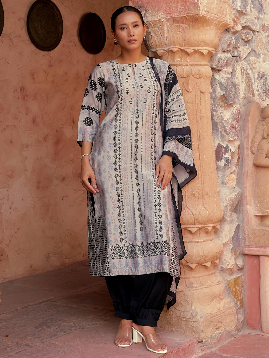 Libas Womens Printed Silk Blend Straight Kurta With Salwar And Dupatta
