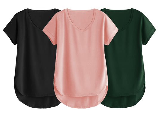 Fabricorn Combo Of Three Plain Bottle Green, Black And Dusty Rose V-Neck Up And Down Cotton Tshirt For Women (Bottle Green, Blac
