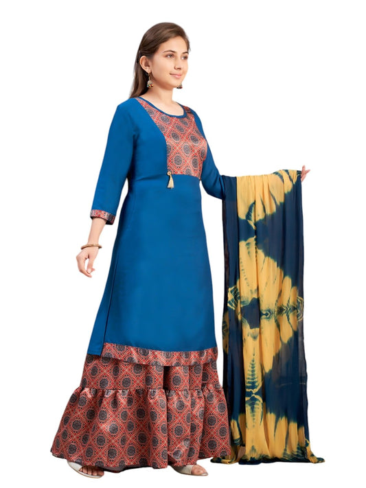 Aarika Girls Ethnic Wear Teal Blue Colour Damask Print Rayon Kurti-(8-15 Years)-(Kurti-Tr-K-865)