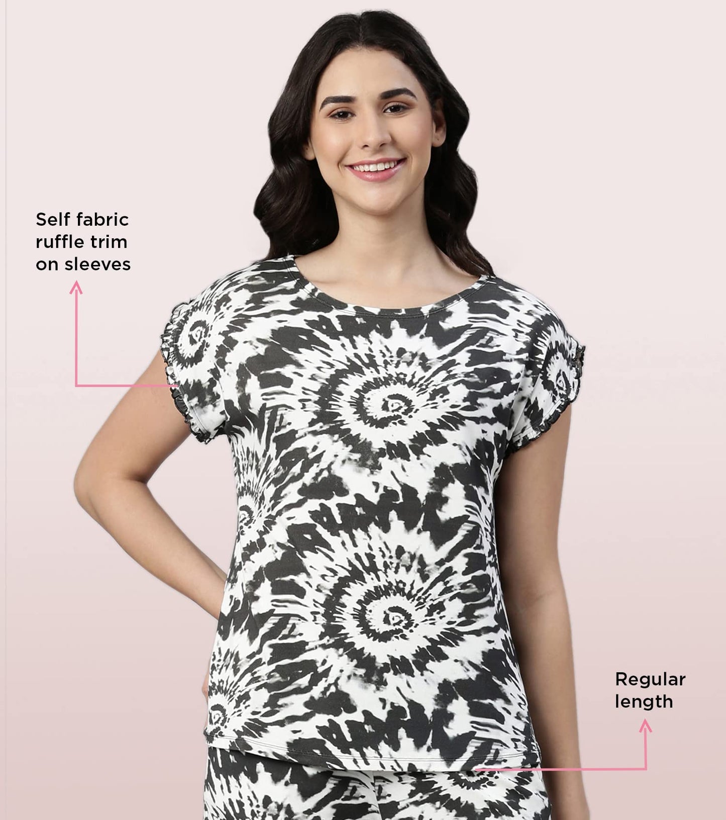 Enamor EC14 Tie & Dye Printed Home Tee and Shorts Set for Women with Ruffled Trim