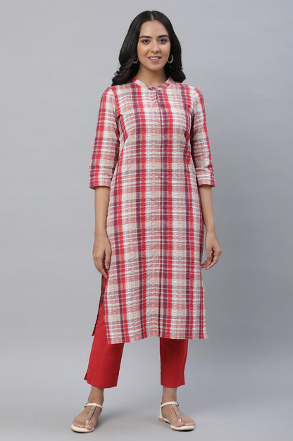 Aurelia WomenS Red Checked Cotton Regular Kurta