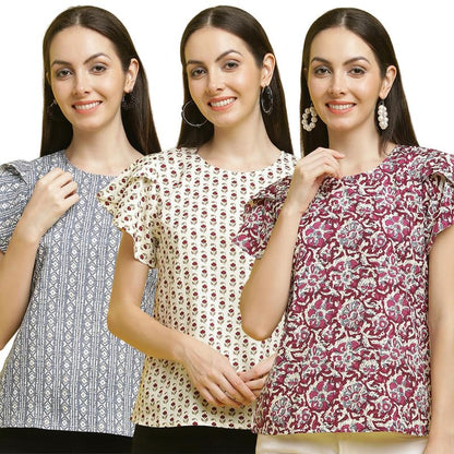 Pinkmint Womens Printed Combo Tops ll Regular Fit Ruffle Trim Petal Sleeve ll Fancy Girls Top (Pack of 3)