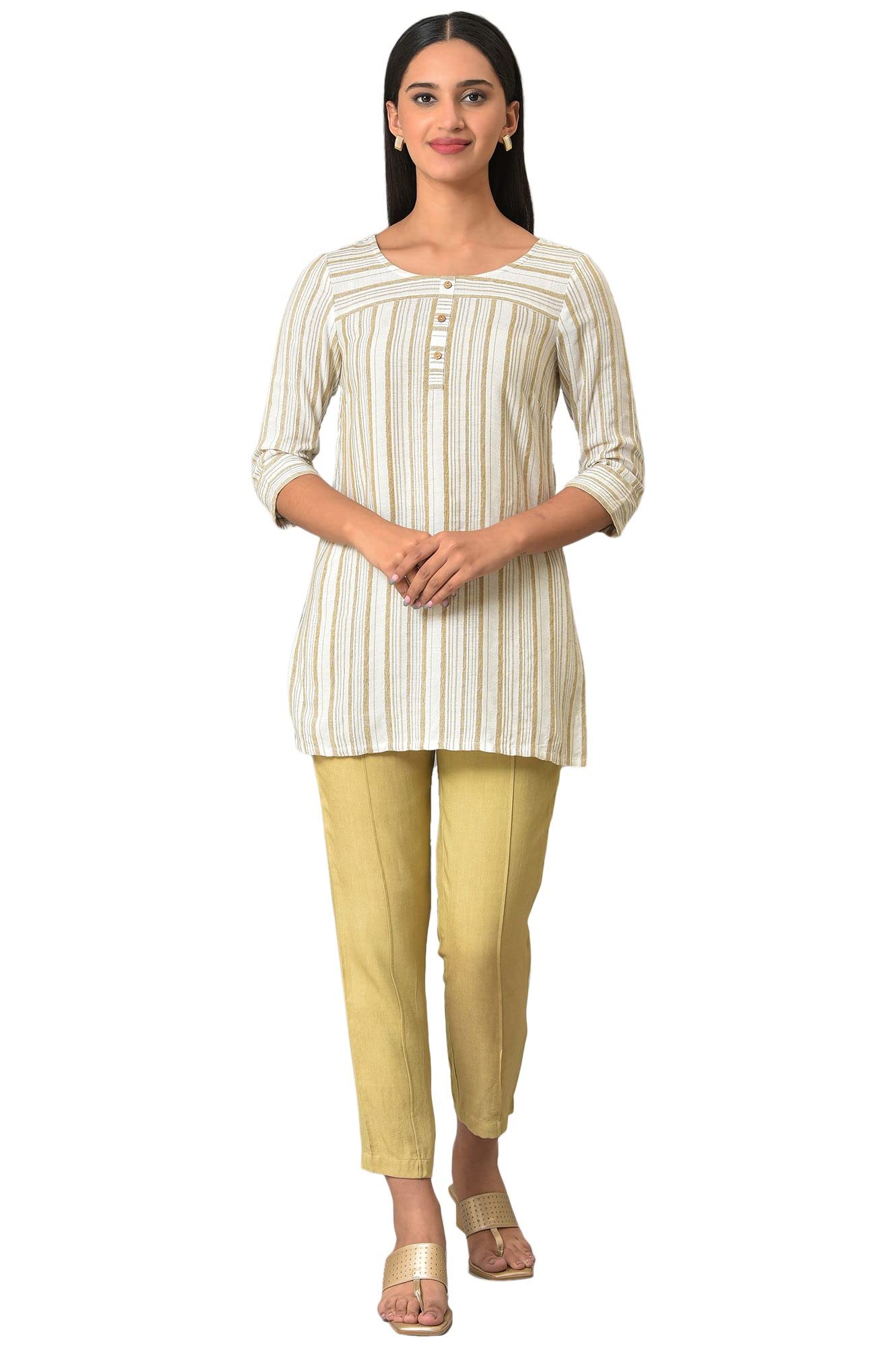 Aurelia Beige Stripe Print Kurti & Trousers Set