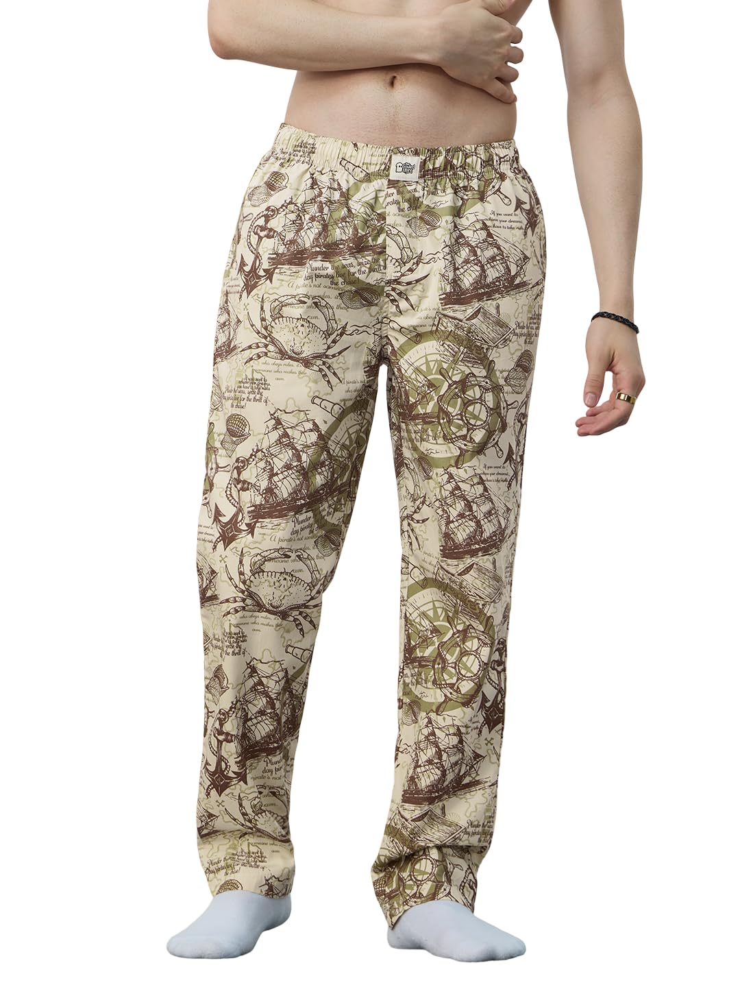 The Souled Store Sailor Wanderer Men and Boys Beige All Over Printed Pull On Regular Fit Cotton Pajamas