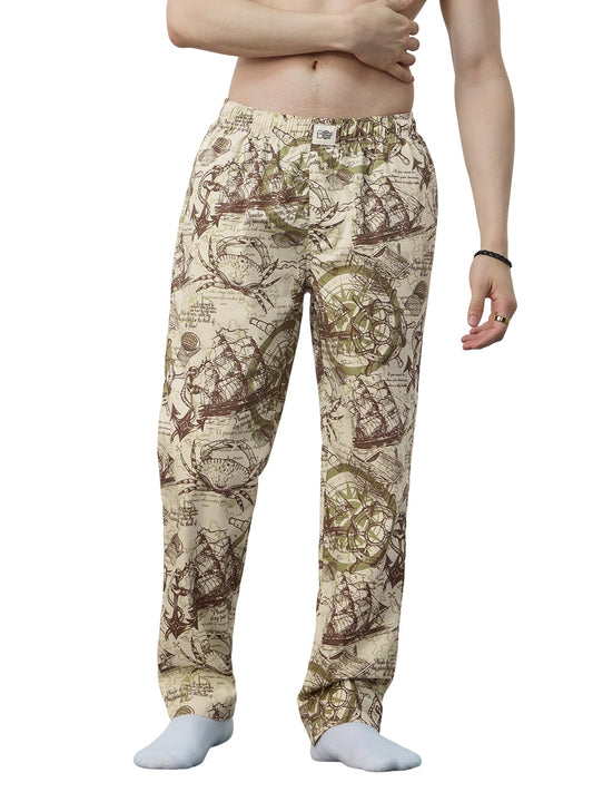The Souled Store Sailor Wanderer Men and Boys Beige All Over Printed Pull On Regular Fit Cotton Pajamas