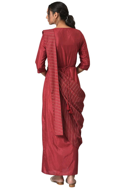 W For Woman Dark Red Polka Dot Glitter Stylised Dress With Metallic Embroidery