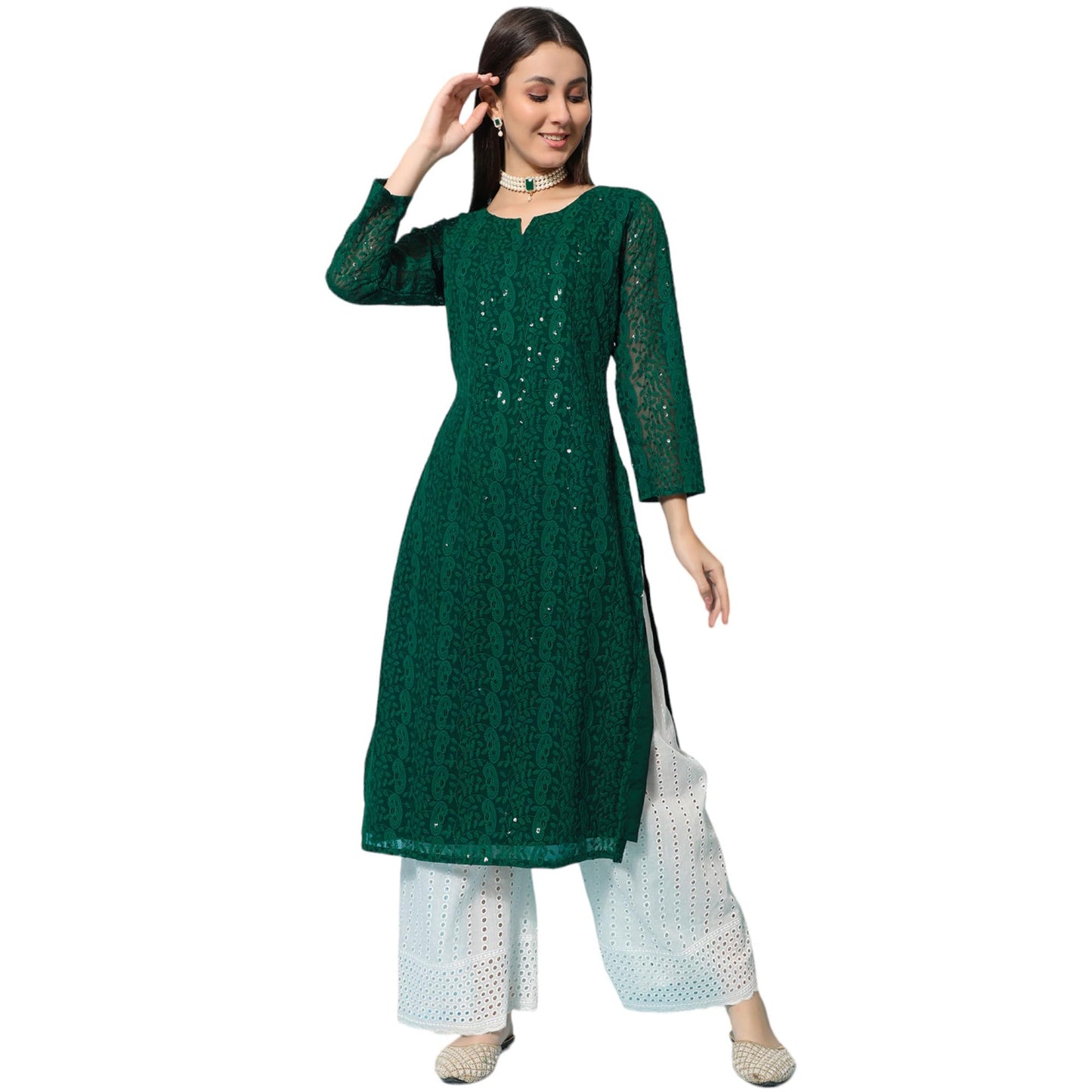 Gufrina WomenS Georgette Straight Kurta Palazzo With Notch Neck 3/4Th Sleeves Solid Pattern Chikankari Work Calf Length And Reg